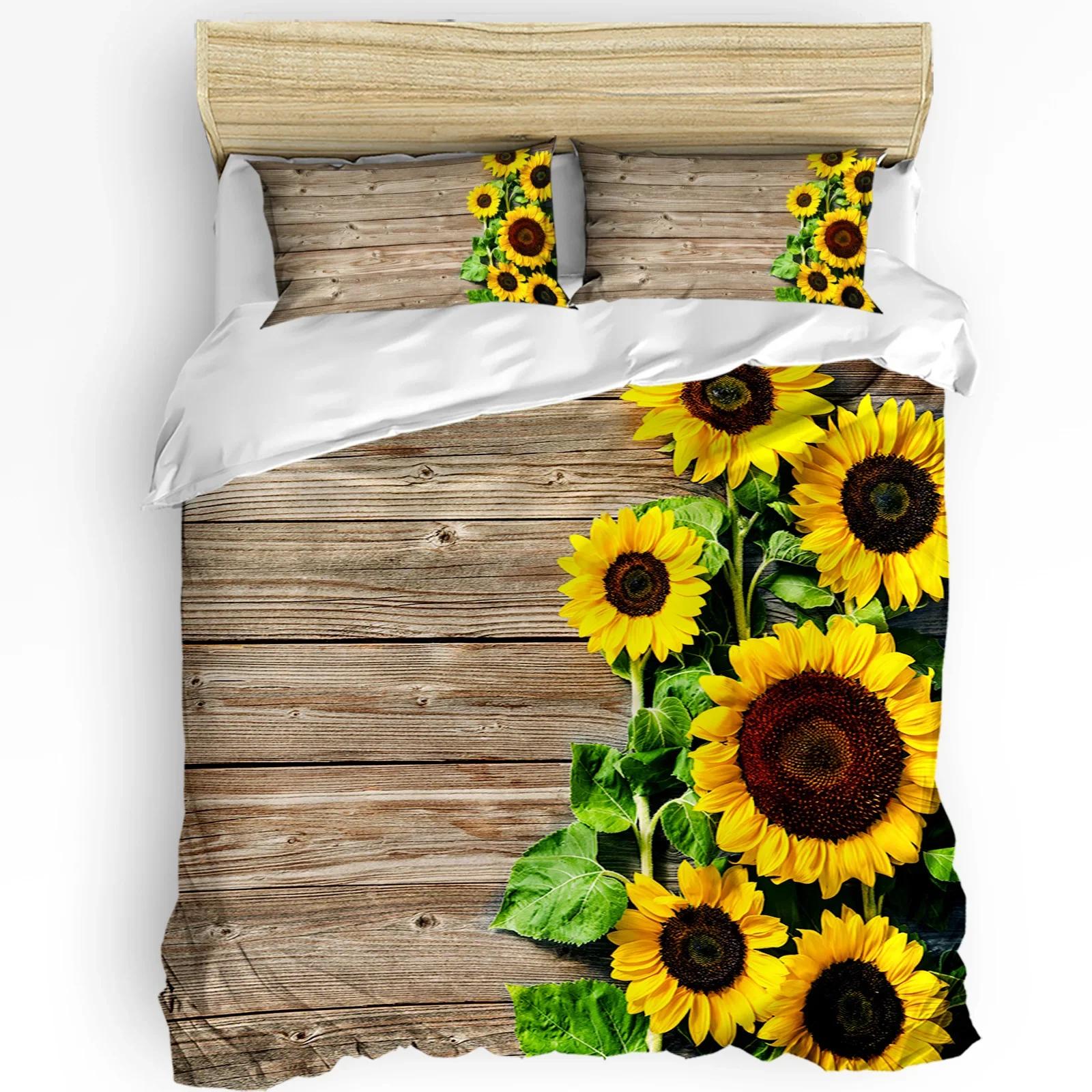 3pcs Bedding Set Sunflowers Wood Rustic Home Textile Duvet Cover Pillow Case Boy Kid Teen Girl Bedding Covers Set